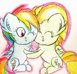 Size: 2310x2225 | Tagged: safe, artist:sumi-mlp25, derpibooru import, lightning dust, rainbow dash, pegasus, pony, female, hug, simple background, traditional art