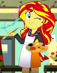 Size: 536x691 | Tagged: safe, derpibooru import, screencap, sunset shimmer, eqg summertime shorts, equestria girls, the art of friendship, cropped, one eye closed, solo, wink