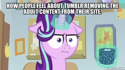 Size: 600x337 | Tagged: caption, derpibooru import, edit, edited screencap, empathy cocoa, :i, image macro, i mean i see, marks for effort, meme, safe, screencap, starlight glimmer, text, tumblr 2018 nsfw purge, tumblr drama