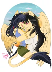 Size: 935x1280 | Tagged: anthro, artist:yukie-shan, daring do, derpibooru import, female, hybrid, interspecies offspring, mother and child, mother and daughter, oc, offspring, parent:ahuizotl, parent:daring do, parents:darizotl, safe