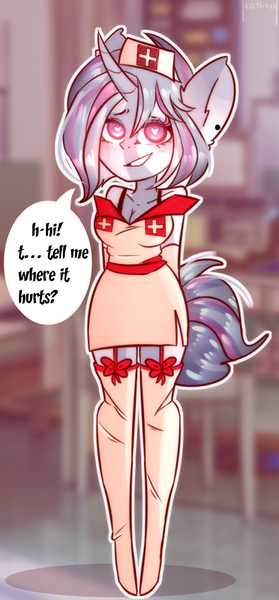 Size: 500x1074 | Tagged: suggestive, artist:mimicry, derpibooru import, oc, oc:aqua jewel, unofficial characters only, anthro, unguligrade anthro, unicorn, anthro oc, blushing, bra, bra strap, breasts, cleavage, clothes, female, garters, heart eyes, mare, nurse outfit, socks, solo, solo female, speech bubble, stockings, thigh highs, underwear, wingding eyes