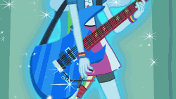 Size: 800x450 | Tagged: safe, derpibooru import, screencap, rainbow dash, sunset shimmer, equestria girls, friendship games, the science of magic, animated, electric guitar, gif, guitar, musical instrument, ponied up, splatter, sunset the science gal, taste the rainbow