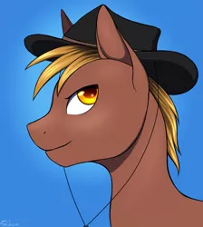 Size: 2073x2310 | Tagged: safe, artist:shkura2011, derpibooru import, oc, oc:calamity, pegasus, pony, fallout equestria, fanfic, blue background, bust, cowboy hat, dashite, fanfic art, gradient background, hat, male, portrait, profile, simple background, solo, stallion