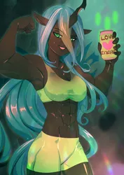 Size: 990x1400 | Tagged: abs, anthro, armpits, artist:bakki, breasts, changeling, changeling queen, clothes, commission, derpibooru import, female, muscles, queen chrysalifts, queen chrysalis, shorts, smiling, solo, solo female, sports bra, sports shorts, suggestive, workout outfit