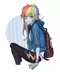 Size: 750x900 | Tagged: safe, artist:dcon, derpibooru import, rainbow dash, equestria girls, equestria girls series, anime, backpack, beautiful, blushing, clothes, implied appledash, implied lesbian, implied shipping, looking at you, multicolored hair, smiling, solo