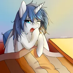 Size: 825x826 | Tagged: alicorn, alicorn oc, artist:renaifoxi, bed, bed mane, derpibooru import, horn, male, oc, oc:prince nova, on bed, safe, stallion, wings, yawn, young