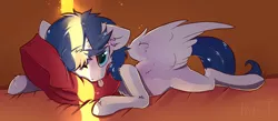 Size: 1600x698 | Tagged: safe, artist:kebchach, derpibooru import, oc, oc:prince nova, unofficial characters only, alicorn, :p, alicorn oc, bed, horn, male, on bed, pillow, silly, sleepy, solo, stallion, tongue out, wings