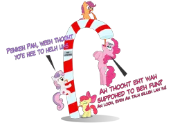 Size: 12252x8833 | Tagged: safe, artist:mrkat7214, derpibooru import, apple bloom, pinkie pie, scootaloo, sweetie belle, pony, absurd resolution, candy, candy cane, christmas, cutie mark crusaders, dialogue, food, holiday, silly, silly pony, simple background, tongue out, tongue stuck to pole, transparent background, vector