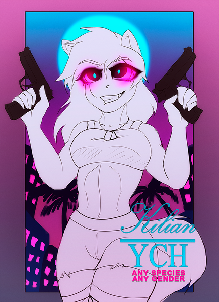 Size: 909x1253 | Tagged: abs, anthro, artist:dolorosacake, auction, beretta 92fs, clothes, commission, commissions open, derpibooru import, dog tags, dual pistols, glowing eyes, grin, gun, handgun, human, humanized, midriff, oc, palm tree, pistol, safe, shorts, smiling, solo, tree, weapon, ych example, your character here