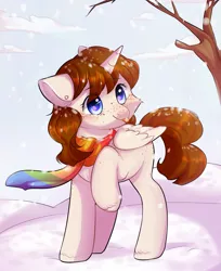 Size: 1981x2427 | Tagged: safe, artist:pledik808, derpibooru import, oc, oc:faerie, unofficial characters only, alicorn, pony, :p, alicorn oc, chest freckles, clothes, commission, digital art, ear piercing, eye clipping through hair, female, folded wings, freckles, high res, horn, mare, one hoof raised, piercing, scarf, signature, silly, smiling, snow, solo, tongue out, tree, wings, winter, ych result