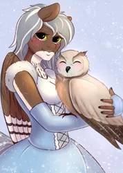 Size: 1063x1495 | Tagged: safe, artist:furrycrystal, derpibooru import, oc, oc:nocturnal flight, unofficial characters only, anthro, bird, owl, pegasus, anthro oc, clothes, commission, digital art, dress, ear fluff, eyes closed, female, fingerless gloves, folded wings, gloves, looking at you, mare, signature, smiling, snow, solo, wings, winter, ych result