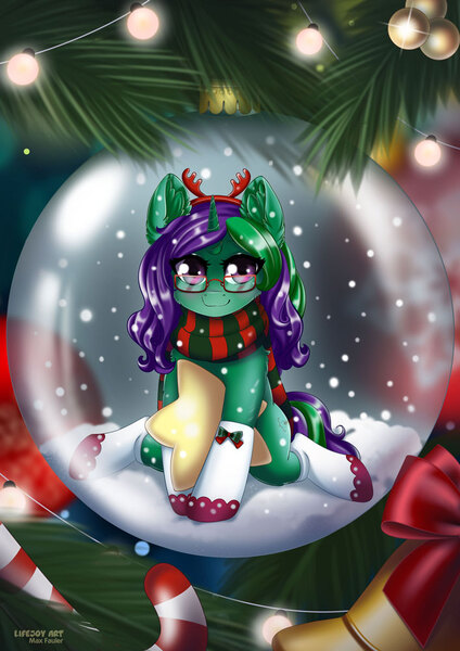 Size: 707x1000 | Tagged: safe, artist:lifejoyart, derpibooru import, oc, oc:buggy code, unofficial characters only, pony, unicorn, blushing, bow, candy, candy cane, christmas, christmas lights, christmas tree, clothes, commission, crystal ball, cute, digital art, ear fluff, female, floppy ears, food, glasses, holiday, looking at you, mare, scarf, signature, sitting, smiling, snow, snow globe, snowfall, socks, solo, stars, tree, ych result