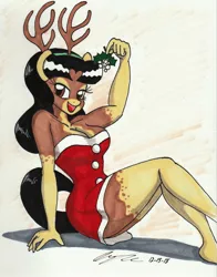 Size: 2090x2668 | Tagged: anthro, antlers, artist:newyorkx3, bare shoulders, breasts, christmas clothes, cleavage, clothes, derpibooru import, dress, legs, mistletoe, oc, oc:crystal, suggestive, thighs