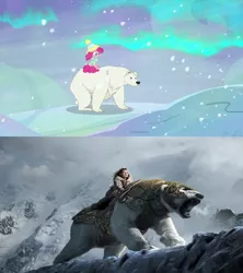 Size: 1280x1440 | Tagged: safe, derpibooru import, screencap, pinkie pie, bear, polar bear, pony, best gift ever, arctic, armor, aurora borealis, his dark materials saga, iofur raknison, lyra belacqua, panserbjørne, ponies riding bears, riding, snow, the golden compass