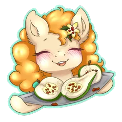 Size: 688x688 | Tagged: safe, artist:tokokami, derpibooru import, pear butter, earth pony, pony, blushing, cute, eyes closed, female, food, mare, pear, pearabetes, simple background, smiling, solo, transparent background