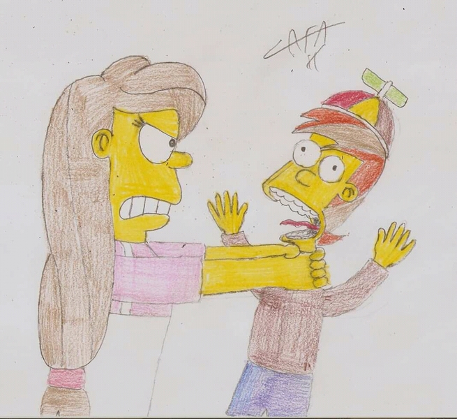 Size: 1068x978 | Tagged: safe, artist:cafakero, derpibooru import, button mash, oc, oc:cream heart, human, abuse, barely pony related, buttonbuse, humanized, image, jpeg, the simpsons, traditional art, why you little