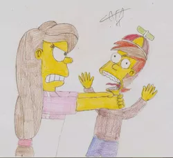 Size: 1068x978 | Tagged: safe, artist:cafakero, derpibooru import, button mash, oc, oc:cream heart, human, abuse, barely pony related, buttonbuse, humanized, image, jpeg, the simpsons, traditional art, why you little