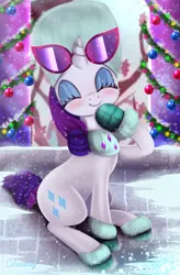 Size: 3360x5120 | Tagged: safe, artist:darksly, derpibooru import, rarity, pony, unicorn, best gift ever, blushing, christmas ornament, clothes, cute, decoration, eyes closed, female, fur, hat, hoof shoes, mare, raised hoof, russian hat, sitting, smiling, snow, sunglasses, tinsel, ushanka, winter outfit