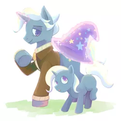 Size: 2200x2200 | Tagged: safe, artist:kon, derpibooru import, jack pot, trixie, pony, unicorn, clothes, cute, father and child, father and daughter, female, filly, glowing horn, hat, horn, magic, male, mare, stallion, telekinesis, trixie's hat, younger