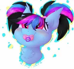 Size: 1789x1668 | Tagged: safe, artist:donutnerd, derpibooru import, oc, oc:krystal gypsy, unofficial characters only, bat pony, abdl, blushing, female, fluffy, happy, mare, pacifier, smiling, solo