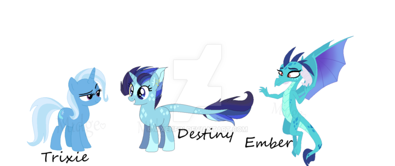 Size: 1280x538 | Tagged: safe, artist:vixenfin, derpibooru import, princess ember, trixie, oc, oc:destiny, dracony, dragon, hybrid, pony, unicorn, crack shipping, deviantart watermark, family, female, interspecies, lesbian, mare, mother and child, mother and daughter, obtrusive watermark, parent:princess ember, parent:trixie, parents:trember, shipping, simple background, transparent background, trember, watermark