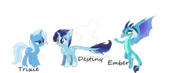 Size: 1280x538 | Tagged: safe, artist:vixenfin, derpibooru import, princess ember, trixie, oc, oc:destiny, dracony, dragon, hybrid, pony, unicorn, crack shipping, deviantart watermark, family, female, interspecies, lesbian, mare, mother and child, mother and daughter, obtrusive watermark, parent:princess ember, parent:trixie, parents:trember, shipping, simple background, transparent background, trember, watermark