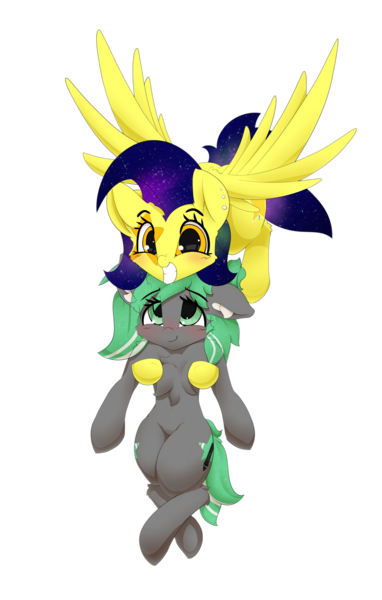 Size: 2121x3333 | Tagged: safe, artist:n0nnny, derpibooru import, oc, oc:minty strip, oc:mixi creamstar, earth pony, pegasus, pony, 2019 community collab, derpibooru community collaboration, blushing, crossed legs, ethereal mane, flying, galaxy mane, grin, simple background, smiling, transparent background