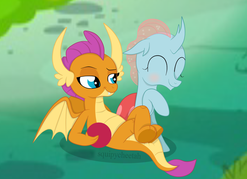 Size: 1936x1400 | Tagged: artist:squipycheetah, ball, bedroom eyes, blushing, changedling, changeling, changeling kingdom, crossed legs, cute, derpibooru import, diaocelles, dragon, dragoness, eyes closed, female, happy, laughing, lesbian, ocellus, raised hoof, safe, shipping, sitting, smiling, smolcellus, smolder, smolderbetes, spread wings, watermark, wings