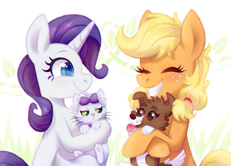 Size: 1000x716 | Tagged: safe, artist:jumblehorse, artist:pink-pone, derpibooru import, applejack, opalescence, rarity, winona, cat, dog, pony, abstract background, collaboration, colored pupils, cute, duo, happy, jackabetes, opalbetes, raribetes, winonabetes