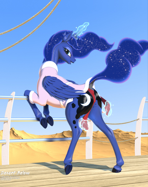 Size: 2976x3746 | Tagged: questionable, artist:d1ckbitch, derpibooru import, princess luna, alicorn, pony, art pack:i-cup watersports pack, anatomically correct, anus cameltoe, art pack, both cutie marks, butt, cameltoe, clothes, colored hooves, desert, dock, ethereal mane, female, glowing horn, horn, magic, mare, nudity, outdoors, plot, solo, starry mane, telekinesis, underhoof, vulva