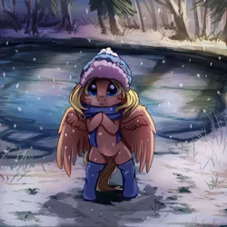 Size: 2500x2500 | Tagged: safe, artist:miokomata, derpibooru import, oc, oc:mioz, unofficial characters only, pegasus, pony, bipedal, clothes, cute, female, freckles, hat, mare, ocbetes, outdoors, pond, scarf, snow, snowfall, socks, solo