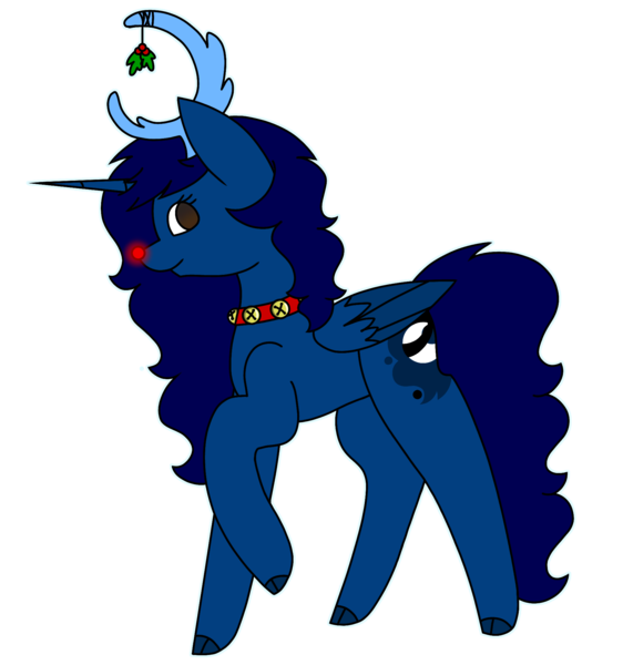 Size: 1924x2055 | Tagged: safe, artist:midnightamber, derpibooru import, oc, oc:midnight, unofficial characters only, alicorn, pony, alicorn oc, antlers, collar, female, glowing nose, holly, horn, jingle bells, mare, red nose, reindeer antlers, side view, simple background, smiling, solo, wings