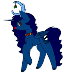 Size: 1924x2055 | Tagged: safe, artist:midnightamber, derpibooru import, oc, oc:midnight, unofficial characters only, alicorn, pony, alicorn oc, antlers, collar, female, glowing nose, holly, horn, jingle bells, mare, red nose, reindeer antlers, side view, simple background, smiling, solo, wings