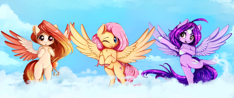 Size: 5200x2200 | Tagged: safe, artist:miokomata, derpibooru import, fluttershy, oc, oc:dazzling talents, oc:summer peach, alicorn, pegasus, pony, :p, alicorn oc, female, freckles, horn, mare, sexy, silly, tongue out, trio, trio female, wings