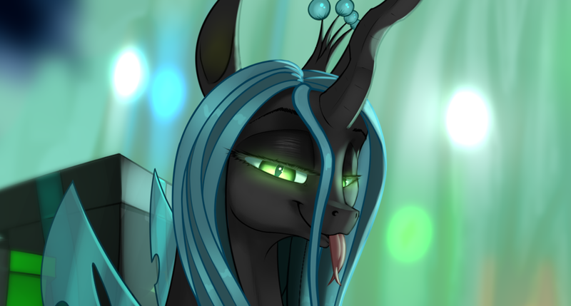 Size: 1101x590 | Tagged: safe, artist:mercurial64, derpibooru import, queen chrysalis, changeling, changeling queen, :p, christmas presents, cute, cutealis, female, forked tongue, lidded eyes, present, silly, smiling, solo, tongue out
