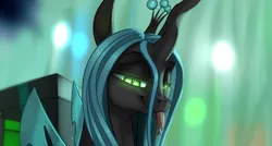 Size: 1101x590 | Tagged: safe, artist:mercurial64, derpibooru import, queen chrysalis, changeling, changeling queen, :p, christmas presents, cute, cutealis, female, forked tongue, lidded eyes, present, silly, smiling, solo, tongue out