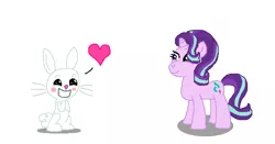Size: 654x343 | Tagged: angel bunny, artist:theinflater19, derpibooru import, female, heart, interspecies, male, safe, shipping, starbunny, starlight glimmer, straight