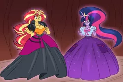 Size: 1280x853 | Tagged: suggestive, artist:toughset, derpibooru import, sci-twi, sunset shimmer, twilight sparkle, alicorn, anthro, equestria girls, alicornified, big breasts, breasts, clothes, dress, flowing mane, gown, human to anthro, implied transformation, magic, race swap