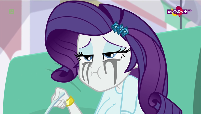 Size: 1280x727 | Tagged: suggestive, derpibooru import, edit, edited screencap, editor:mlp-gft, screencap, rarity, dance magic, equestria girls, spoiler:eqg specials, big breasts, breast edit, breasts, busty rarity, comfort eating, crying, cute, eating, marshmelodrama, mascara, mascarity, rarity being rarity, sad, sadorable, teletoon