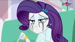 Size: 1280x727 | Tagged: suggestive, derpibooru import, edit, edited screencap, editor:mlp-gft, screencap, rarity, dance magic, equestria girls, spoiler:eqg specials, big breasts, breast edit, breasts, busty rarity, comfort eating, crying, cute, eating, marshmelodrama, mascara, mascarity, rarity being rarity, sad, sadorable, teletoon