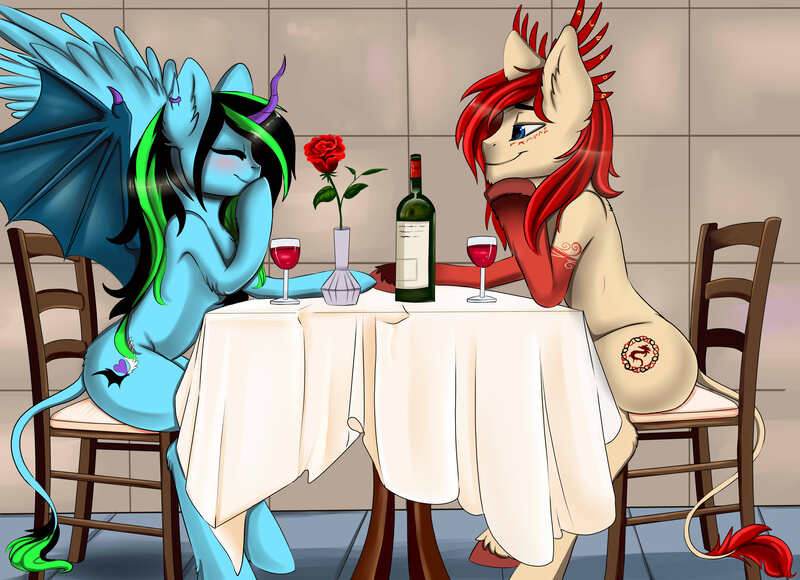 Size: 4000x2900 | Tagged: safe, artist:athenawhite, derpibooru import, oc, unofficial characters only, alicorn, pony, alcohol, alicorn oc, beer, chair, commission, date, digital art, ear fluff, ear piercing, eyes closed, female, flower, glass, high res, horn, leonine tail, male, mare, oc x oc, piercing, rose, shipping, sitting, smiling, stallion, straight, table, vase, wine, wine glass, wings, ych result