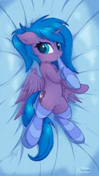 Size: 1280x2275 | Tagged: safe, artist:danli69, artist:twiren, derpibooru import, princess luna, alicorn, pony, bed, body pillow, body pillow design, clothes, collaboration, female, filly, looking at you, s1 luna, socks, solo, striped socks, thigh highs, woona, younger