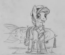 Size: 1280x1075 | Tagged: safe, artist:mysticalpha, derpibooru import, oc, oc:light shine, unofficial characters only, pony, tumblr:skyshipcelestia, airship, monochrome, traditional art