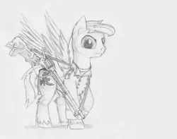 Size: 1280x1011 | Tagged: safe, artist:mysticalpha, derpibooru import, oc, oc:hawkeye, unofficial characters only, pony, tumblr:skyshipcelestia, gun, monochrome, traditional art, weapon