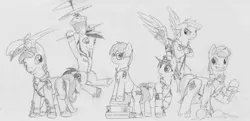 Size: 1280x619 | Tagged: safe, artist:mysticalpha, derpibooru import, oc, oc:hawkeye, oc:light shine, oc:mesh, oc:olive branch, oc:straightedge, oc:winter glow, unofficial characters only, pony, tumblr:skyshipcelestia, monochrome, traditional art