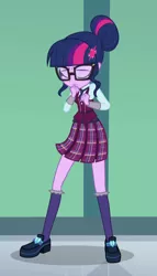 Size: 568x994 | Tagged: safe, derpibooru import, screencap, sci-twi, twilight sparkle, equestria girls, friendship games, clothes, cropped, crystal prep academy uniform, eyes closed, female, glasses, hair bun, legs, pleated skirt, school uniform, shoes, skirt, socks, solo, what more is out there