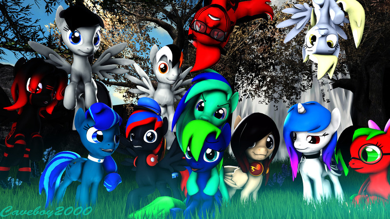 Size: 1280x720 | Tagged: safe, artist:caveboy2000, derpibooru import, derpy hooves, oc, oc:thundy, pony, 3d, family, group, group photo, ocs everywhere