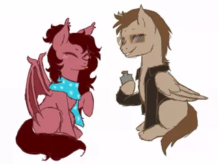 Size: 902x680 | Tagged: artist needed, safe, derpibooru import, oc, oc:ruby parcel, oc:toffee scotch, bat pony, bat pony oc, bat wings, blushing, clothes, female, flask, jacket, male, scarf, shipping, simple background, straight, tongue out, white background, wings