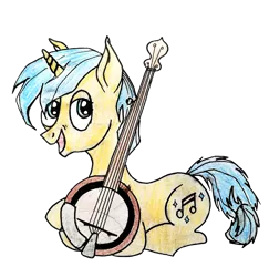 Size: 1200x1233 | Tagged: artist needed, safe, derpibooru import, edit, oc, oc:bluegrass troubleseed, unofficial characters only, pony, unicorn, 2019 community collab, derpibooru community collaboration, banjo, lying, musical instrument, musician, simple background, solo, traditional art, transparent background