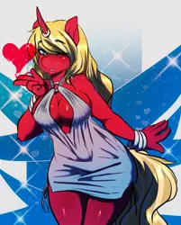 Size: 1951x2427 | Tagged: suggestive, artist:avante92, derpibooru import, oc, oc:scarlet rose, unofficial characters only, anthro, unicorn, absolute cleavage, anthro oc, beautiful, bedroom eyes, big breasts, blowing a kiss, blushing, bracelet, breasts, chest fluff, cleavage, cleavage fluff, clothes, dress, eyeshadow, female, grin, heart, horn, horn ring, jewelry, looking at you, makeup, mare, one eye closed, ring, sexy, short dress, sideboob, smiling, solo, solo female, sparkles, wide hips, wink